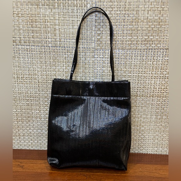 VTG 1960s Black Ribbed Faux Patent Mini Tote Bag by Koret - Picture 1 of 15
